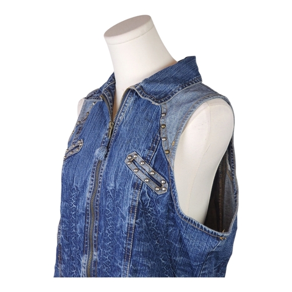 Bleu Bayou Embellished Denim Vest L Western Y2K Boho Rhinestone Zip Up - Picture 2 of 8
